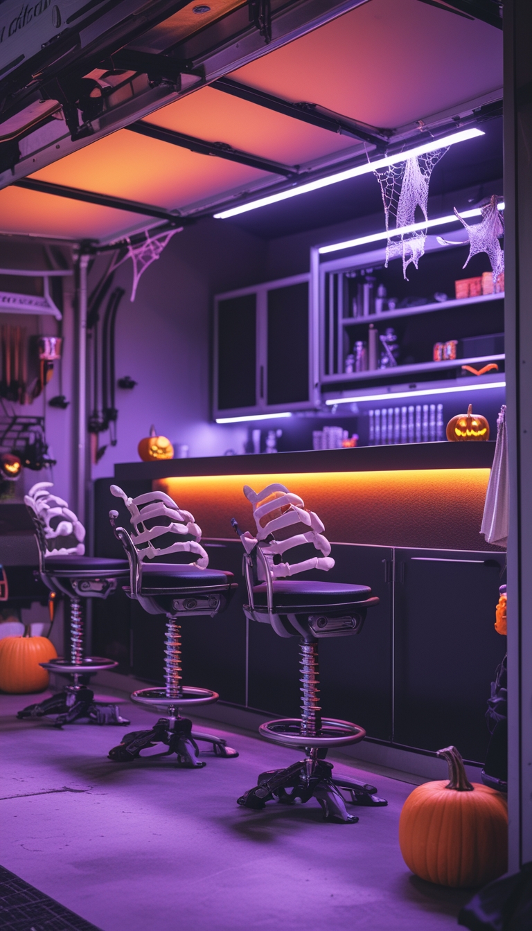 A garage man cave decorated for Halloween with skeleton bar stools around a bar and various Halloween decorations.