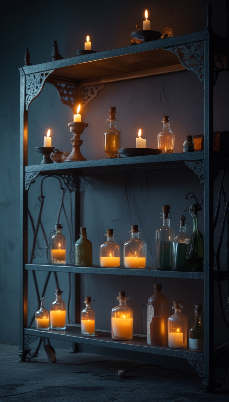 Metal shelving with lit candles and assorted potion bottles arranged on the shelves in a dimly lit setting.