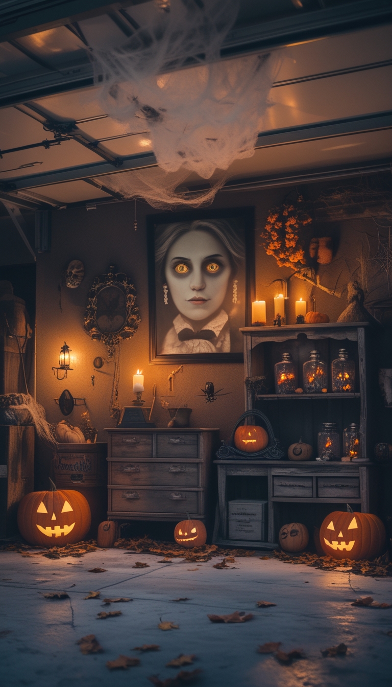 A dimly lit garage decorated for Halloween with Victorian portraits on the walls, glowing pumpkins, candles, and spooky decorations.
