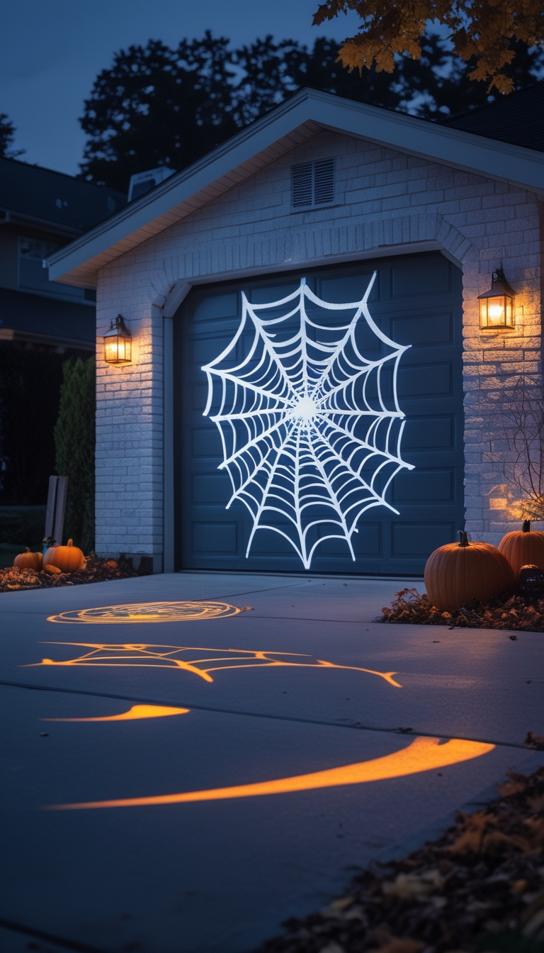 A garage door at night covered in glowing spiderweb light projections with pumpkins and fall decorations nearby.