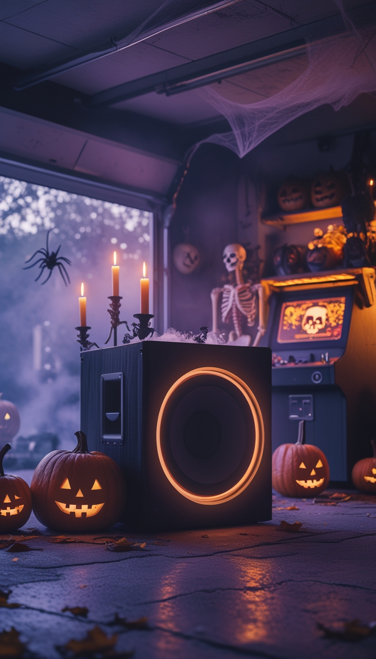 A dimly lit garage decorated for Halloween with a large subwoofer speaker, carved pumpkins, hanging skeletons, and fog creating a spooky atmosphere.