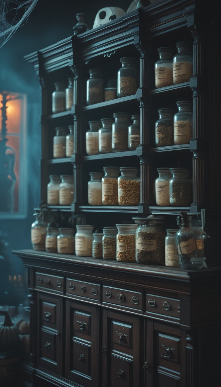 A vintage wooden apothecary cabinet filled with labeled glass jars containing dried herbs and powders, set in a dimly lit room with a spooky Halloween ambiance.