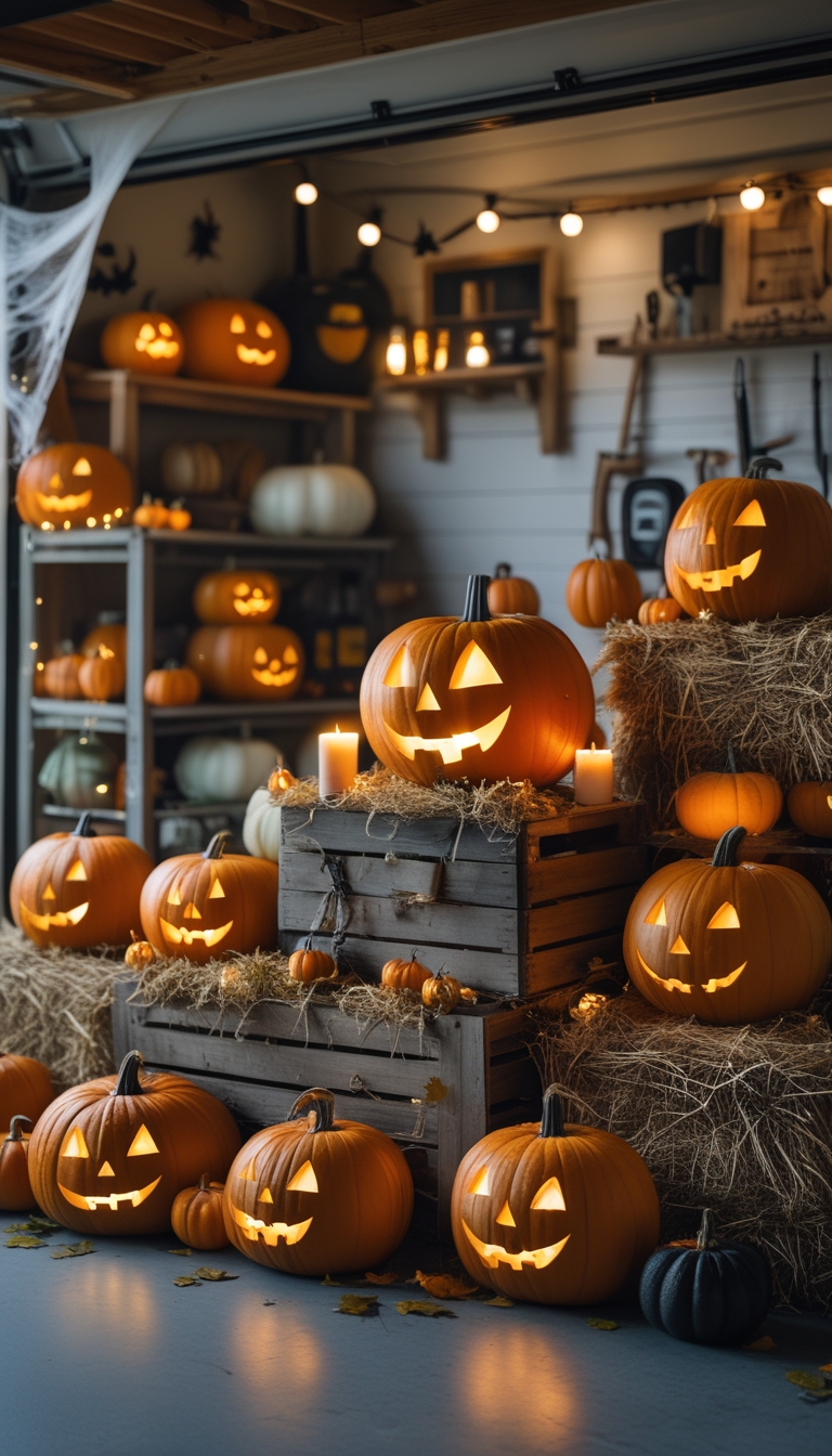 A garage man cave decorated with a display of carved pumpkins lit by LED candles, surrounded by hay bales and Halloween decorations.