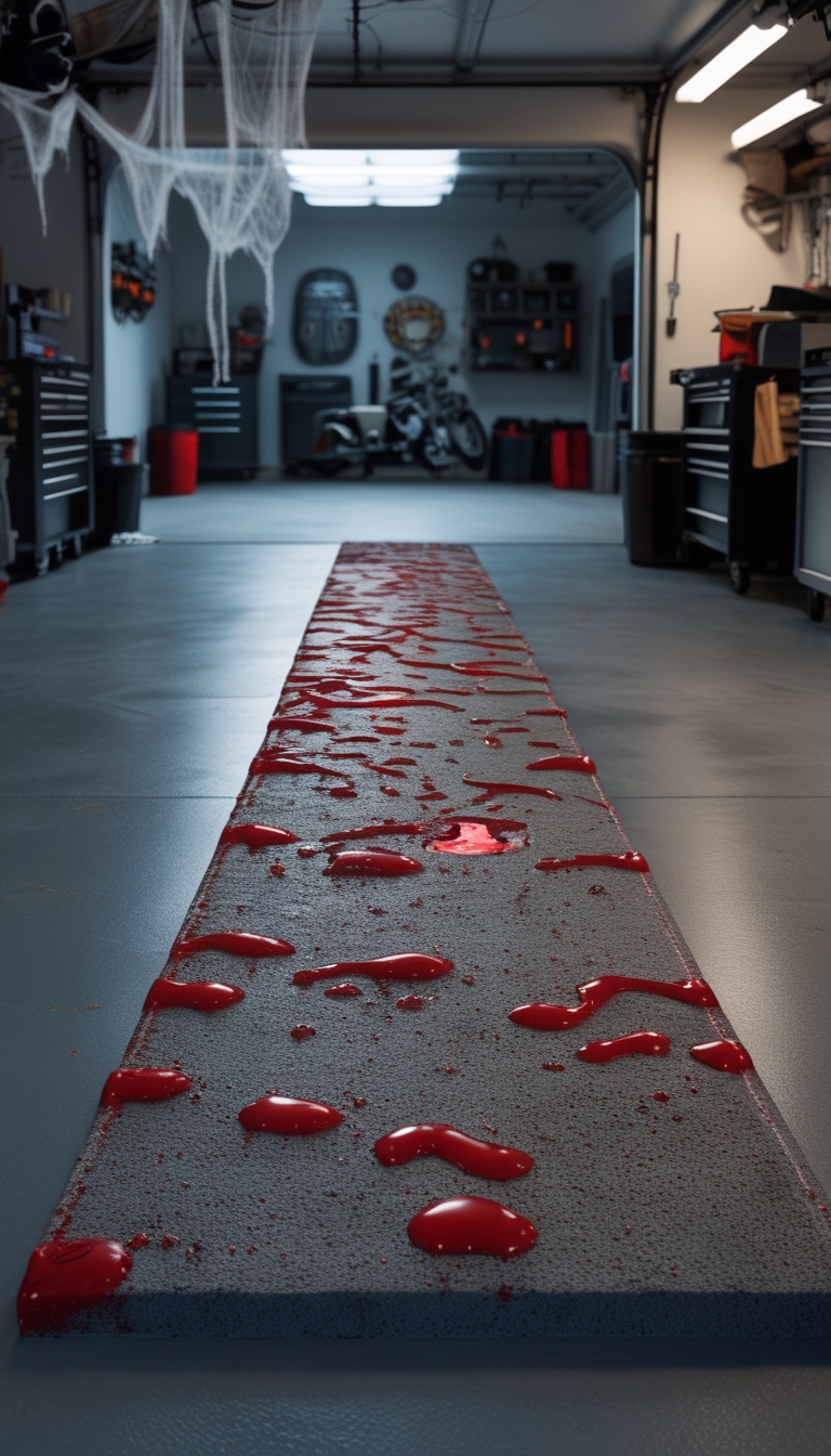 A garage man cave with a concrete floor runner painted to look like dripping blood, decorated for Halloween with dim lighting and spooky elements.