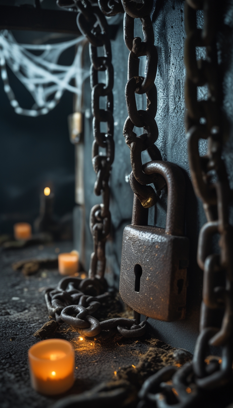 A garage wall covered with rusty chains and an old lock, decorated with cobwebs and Halloween-themed items.
