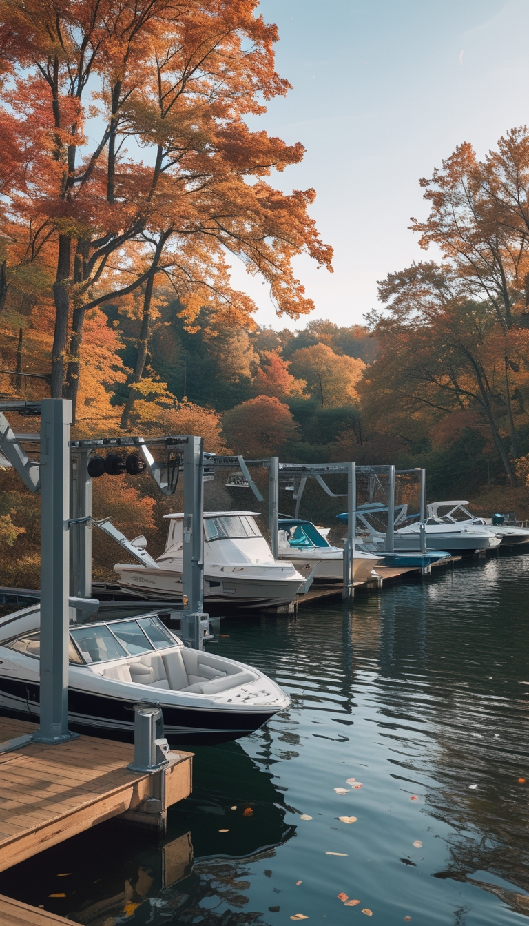 A lakeside dock in fall with various boat lifts holding different boats surrounded by colorful autumn trees.