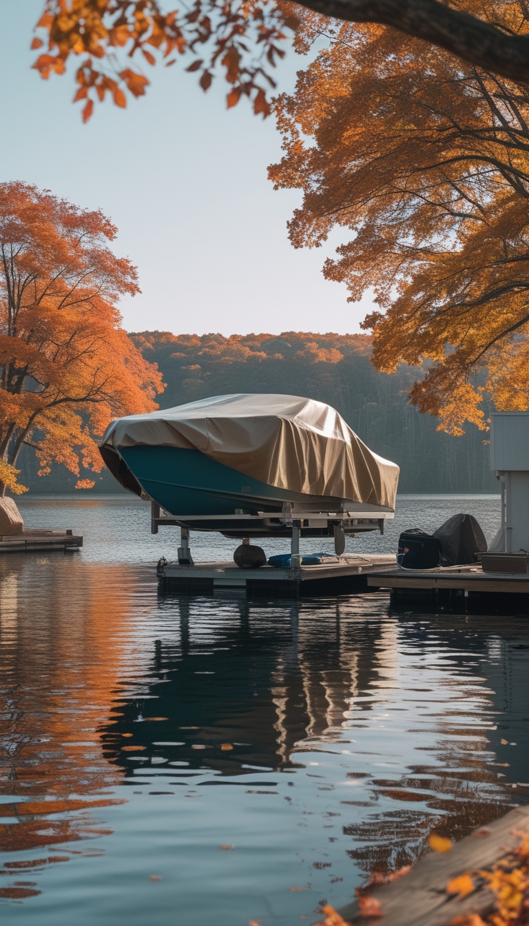 A lakeside boat lift covered for fall storage surrounded by autumn trees with colorful leaves and calm water.