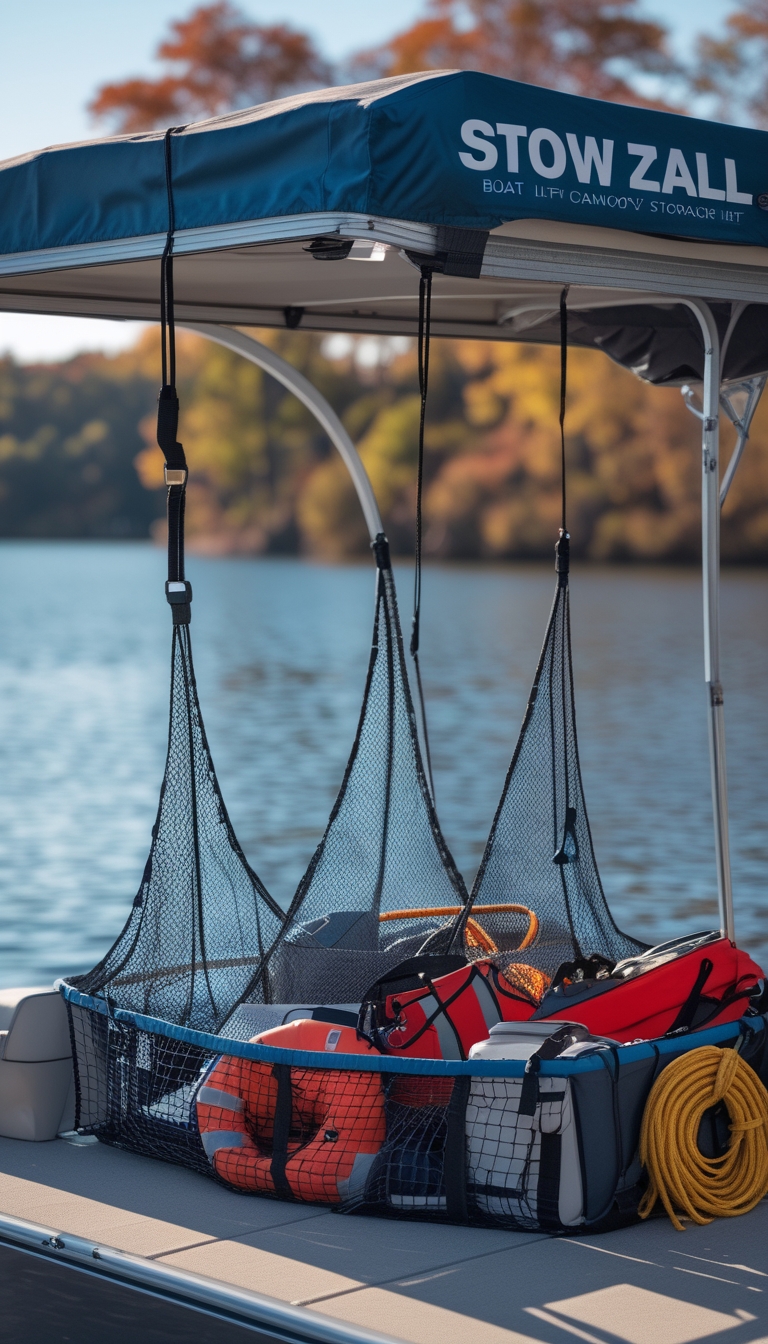 A boat lift canopy with a storage net holding boating equipment over a calm lake surrounded by autumn trees.