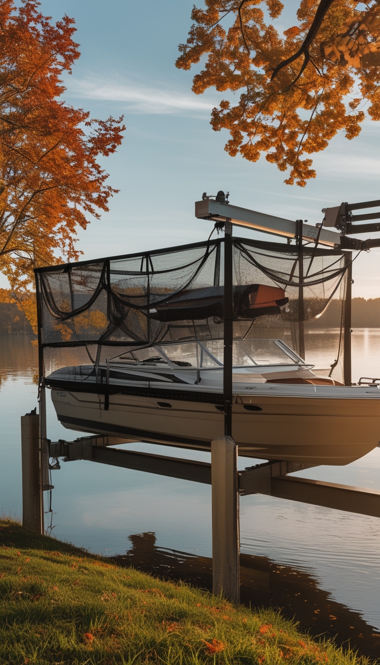 A boat lift by a lake in autumn with a storage net covering the boat canopy, surrounded by colorful fall trees.
