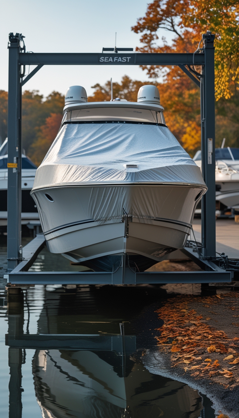 A motorboat covered with a shrink-wrap winter cover on a boat lift in a marina surrounded by fall foliage.