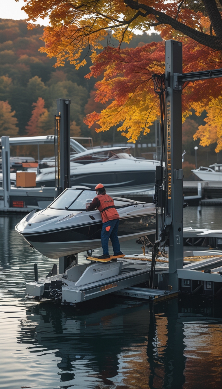 A technician removing a small boat lift with a personal watercraft and boat at a marina surrounded by autumn trees with colorful leaves.
