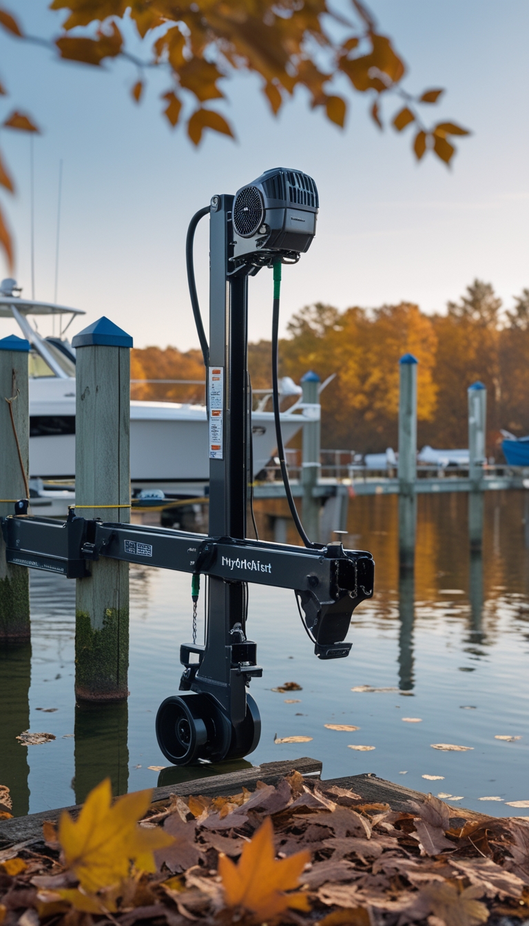 A person preparing a HydroHoist boat lift and motor for winter at a marina surrounded by boats and autumn trees.