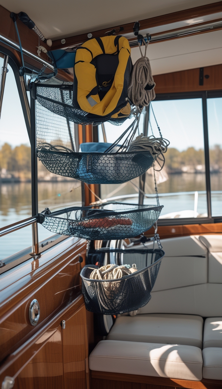 Interior of a boat cabin with overhead hanging nets storing boating gear like life jackets and ropes.