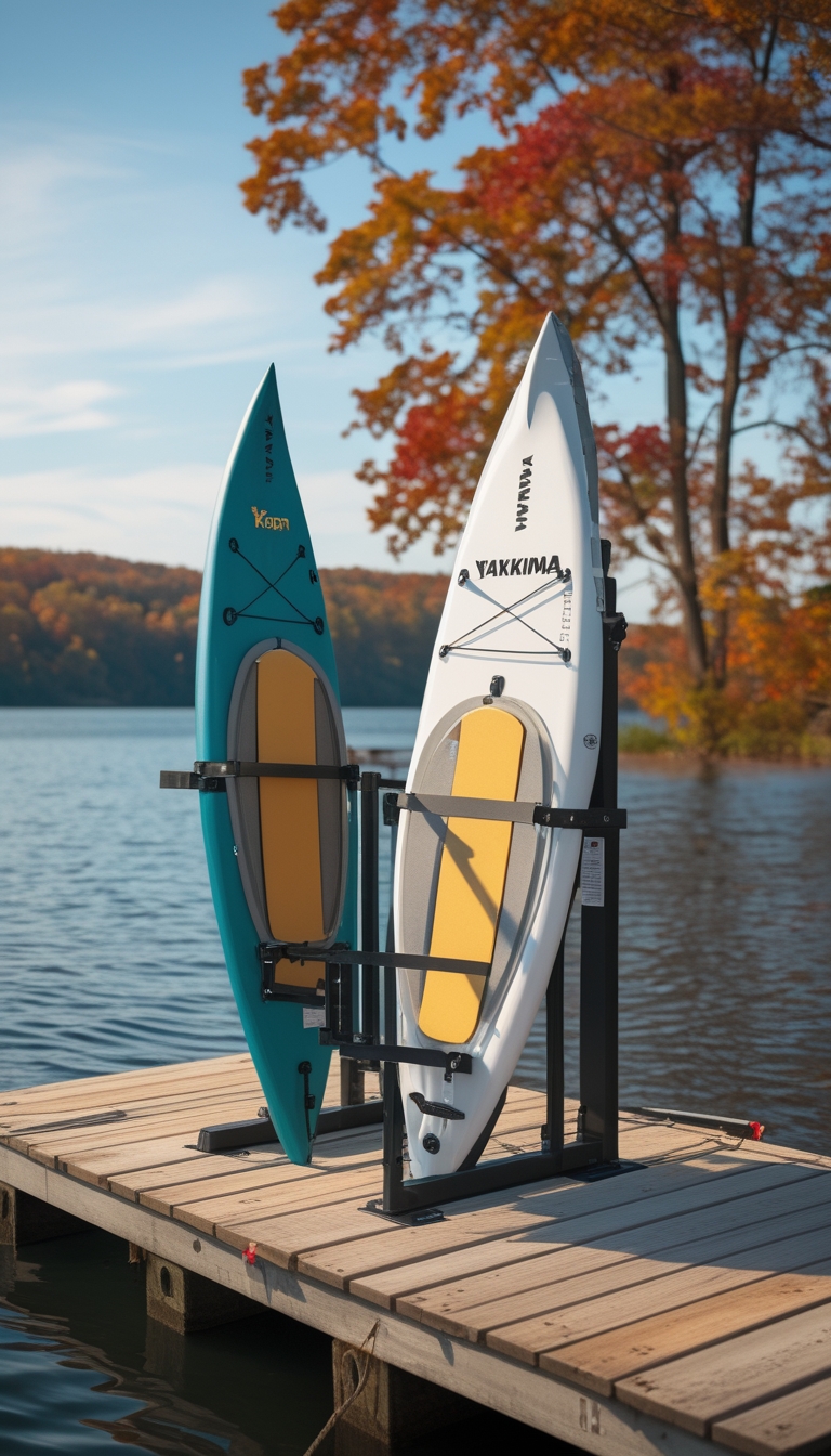 A kayak and paddleboard lifted on a rack over a wooden dock by a lake with colorful autumn trees in the background.