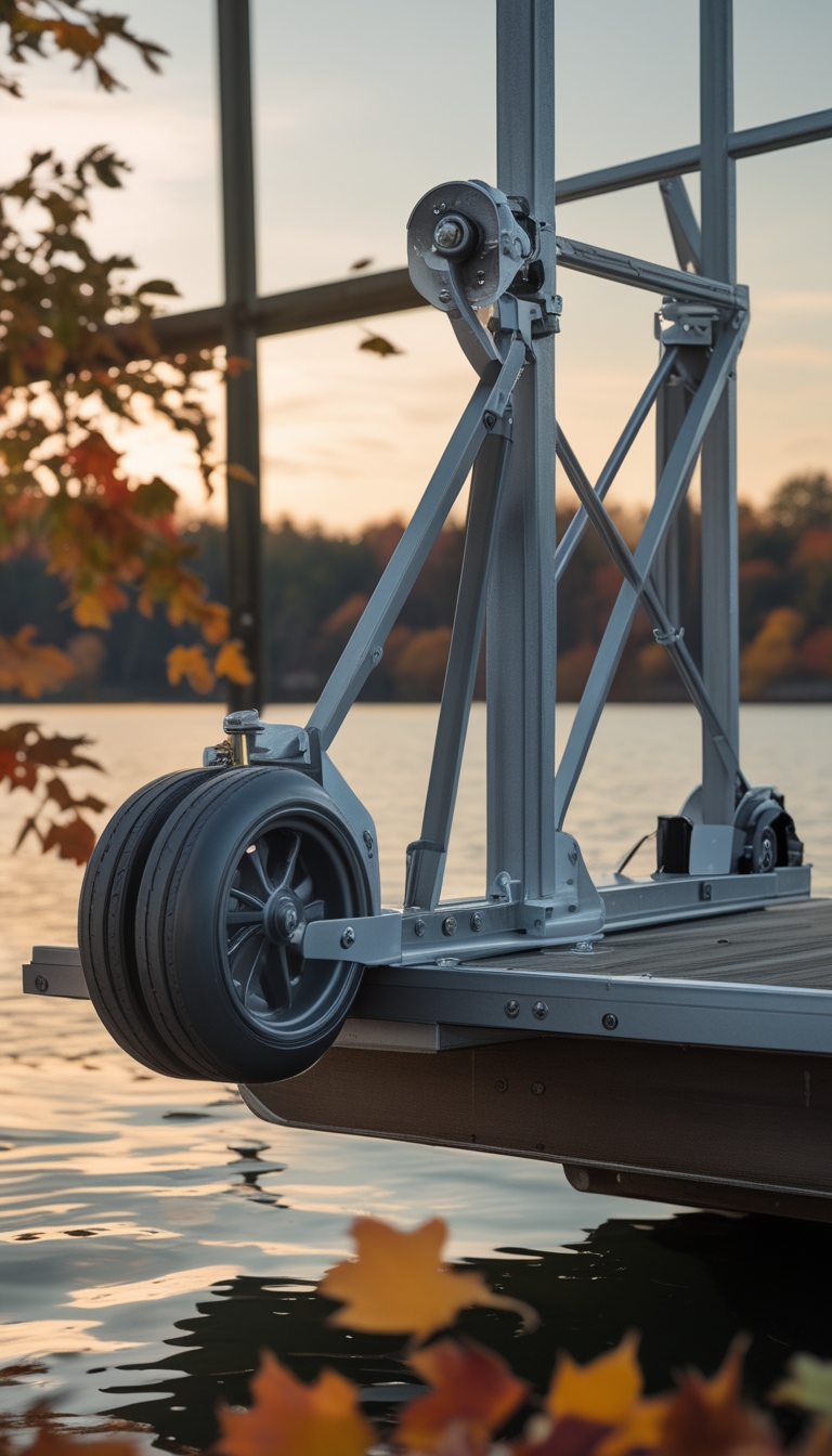 A boat dock with a LiftBuddy dock wheel and cradle stabilizer kit installed, surrounded by autumn leaves and calm water.