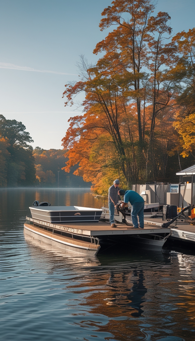 A lakeside scene in autumn showing people removing a boat from a floating lift surrounded by colorful fall trees.