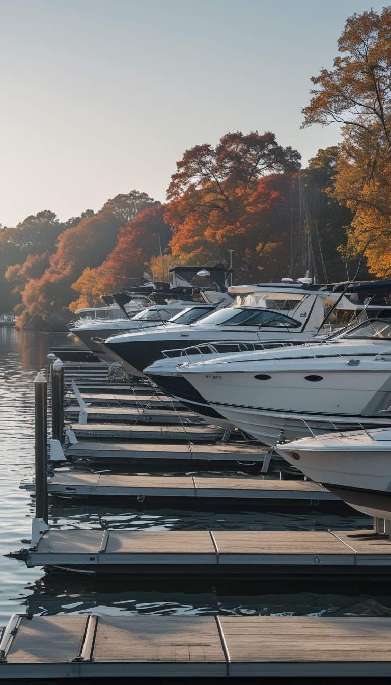 A marina in autumn with boats stored on different types of boat lifts and storage systems surrounded by colorful fall trees.