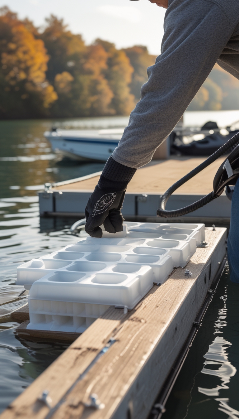 A person installing white polyethylene floating dock blocks under a wooden dock by a lake with autumn trees in the background.