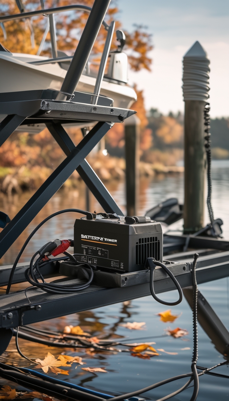Electric lift battery tender attached to a boat lift near a calm lake with autumn leaves around.