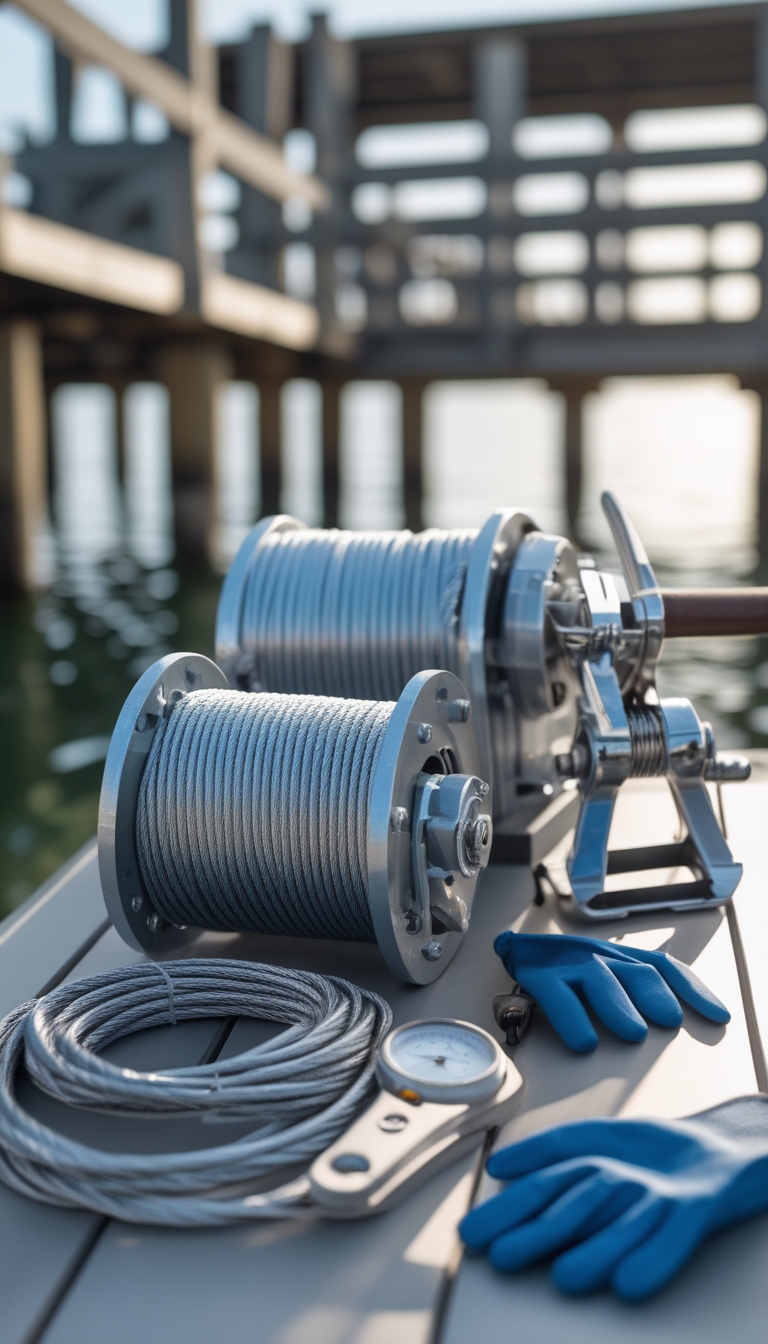 Galvanized cable and winch inspection kit arranged on a workbench with boat lift equipment and water in the background.
