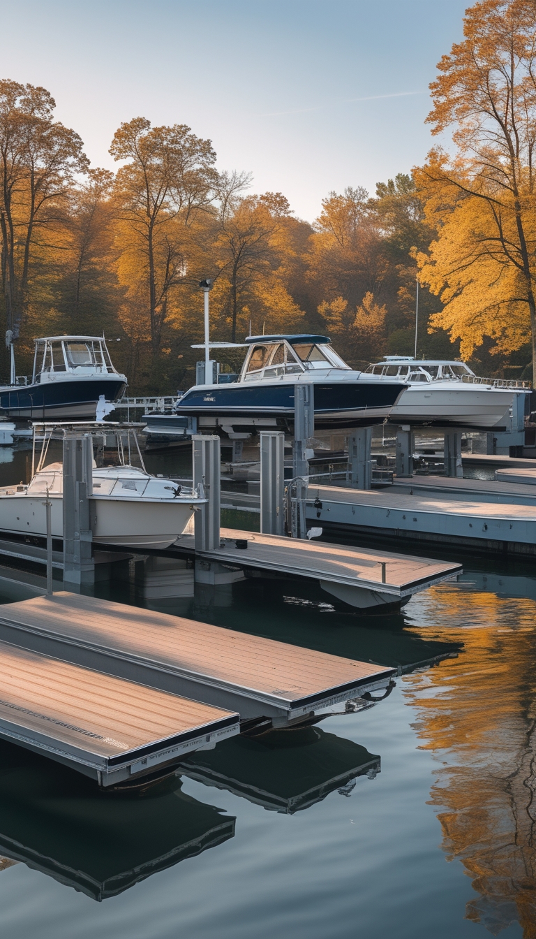A marina in early autumn with boats stored on lifts and docks surrounded by fall-colored trees.