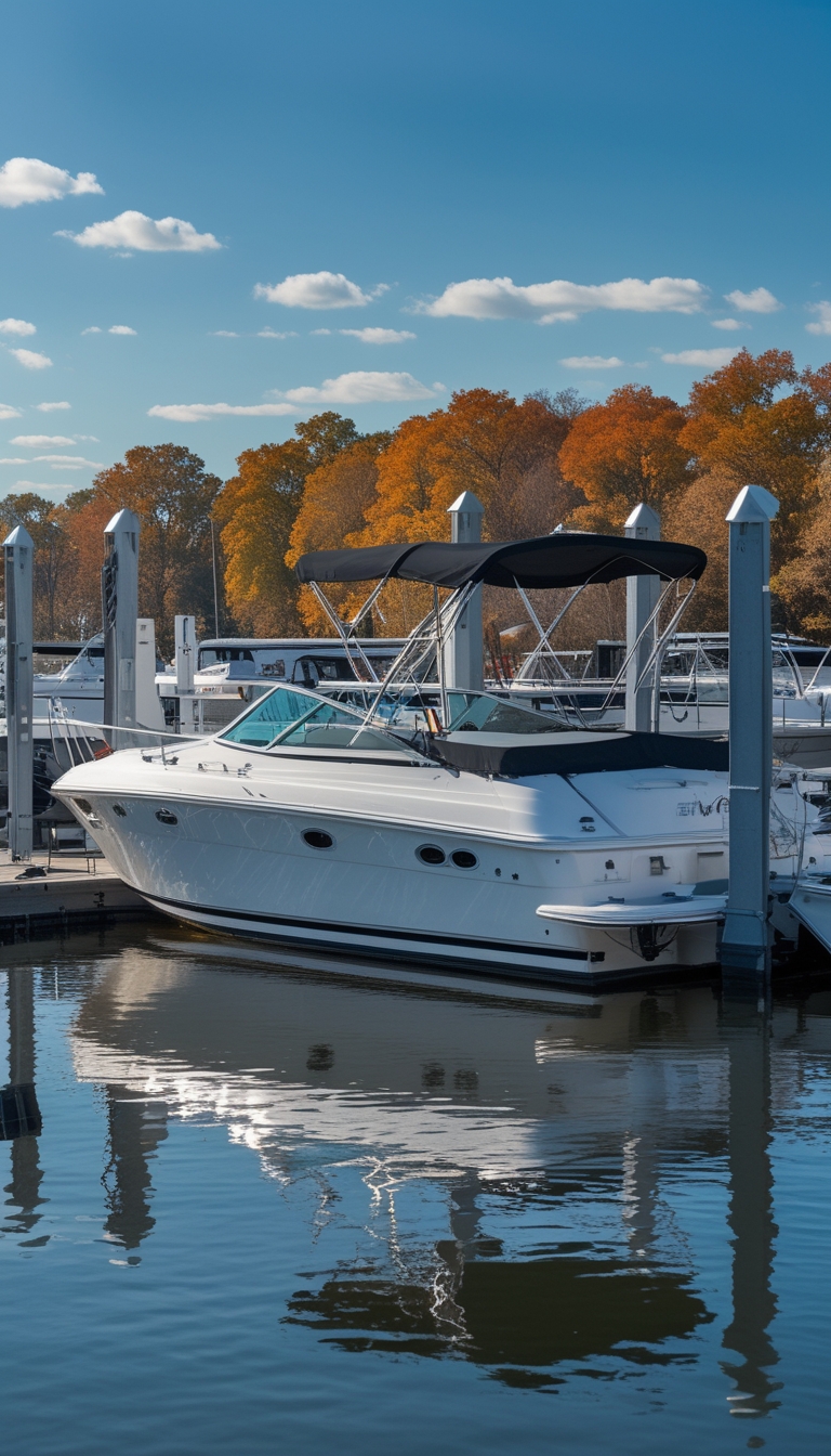 A boat with a UV-resistant canopy docked at a marina in fall, surrounded by boat lifts and storage equipment.