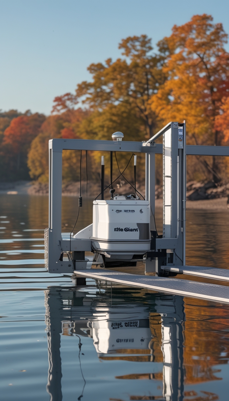 A boat lift with an anti-ice deicer system on a calm lake surrounded by colorful autumn trees.