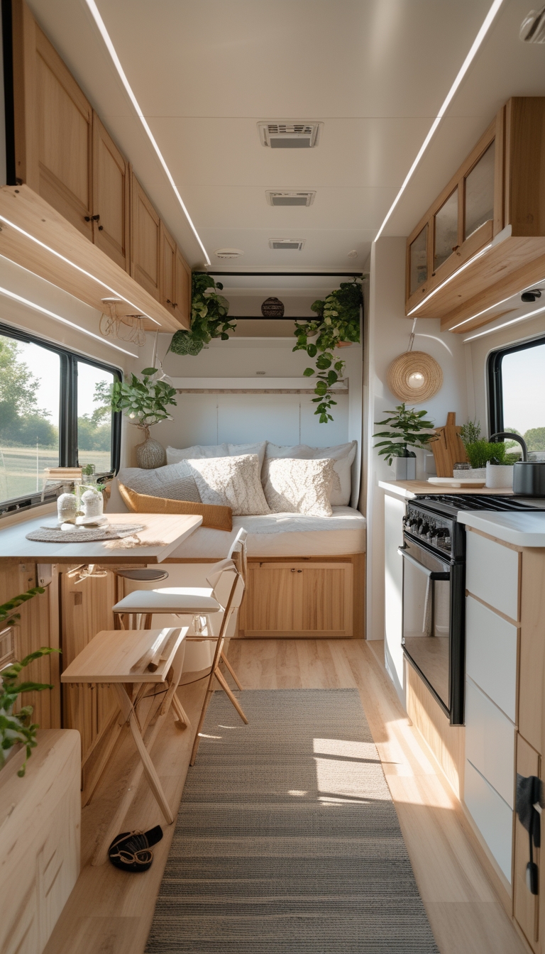 Interior of a renovated RV showing a cozy living space with wood paneling, updated kitchen, and DIY renovation details with natural light coming through the windows.