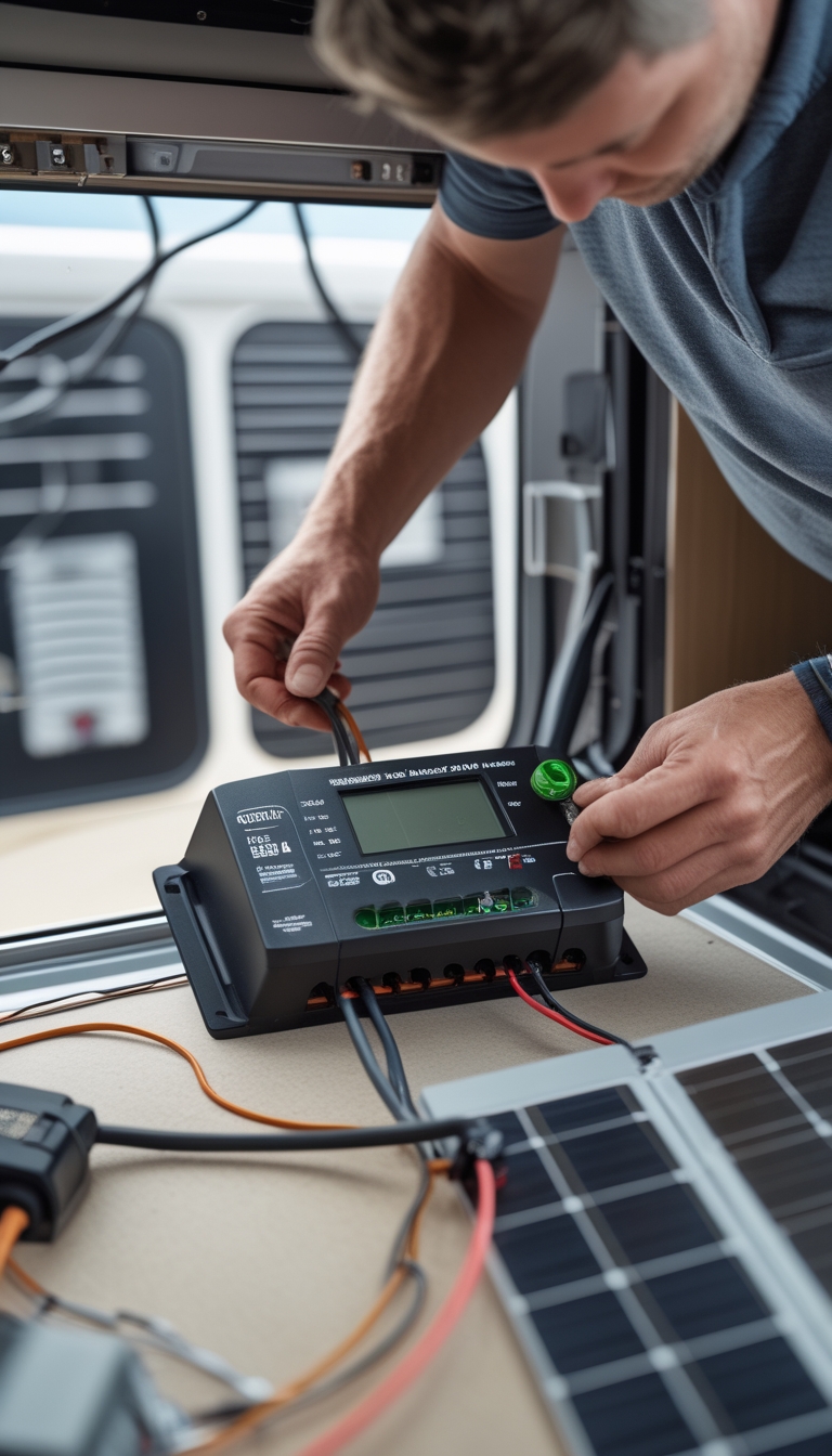 Person installing a Victron SmartSolar MPPT charge controller and rewiring solar input cables inside an RV.