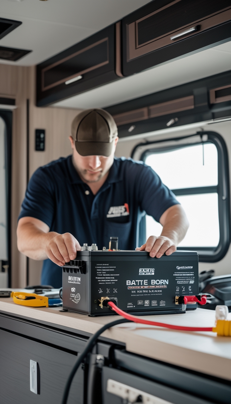 A person installing a 12V lithium battery bank with a new battery management system inside an RV during a renovation project.