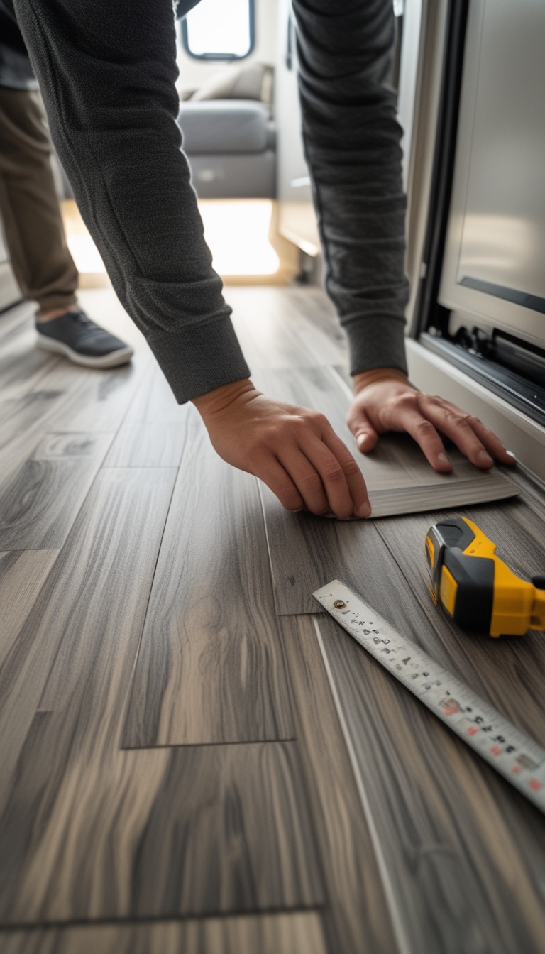 Person installing peel-and-stick vinyl plank flooring inside an RV with tools nearby.