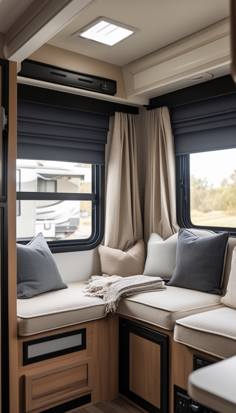 Interior of an RV living area with blackout roller shades and layered linen curtains on the windows, featuring comfortable seating and natural light.