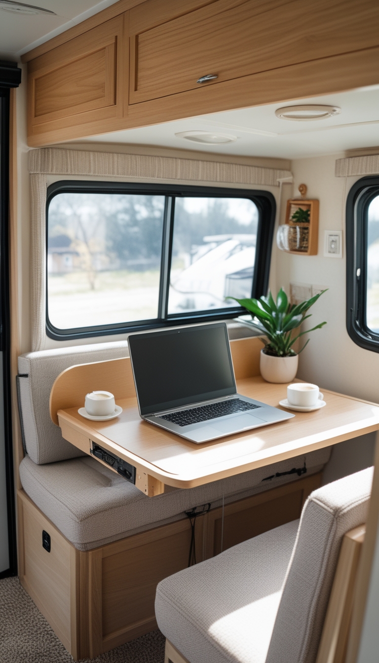 Interior of an RV showing a bench converted into a fold-down desk with a laptop and coffee cup on it.