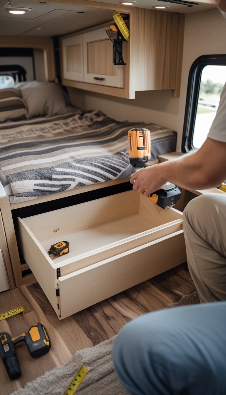 Person installing under-bed storage drawers with soft-close slides inside an RV.