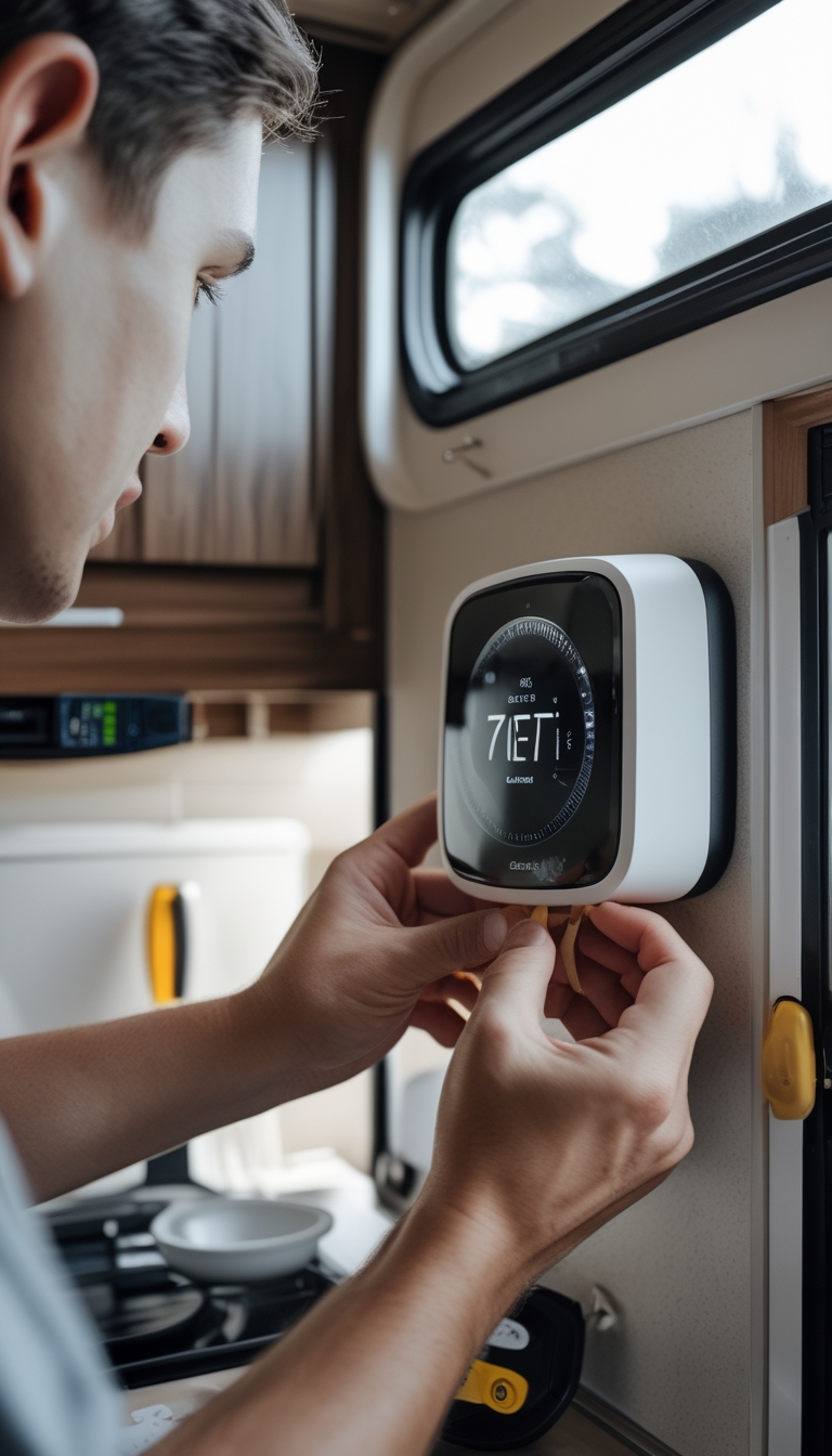 Person installing a smart thermostat inside an RV with tools nearby and RV interior visible.