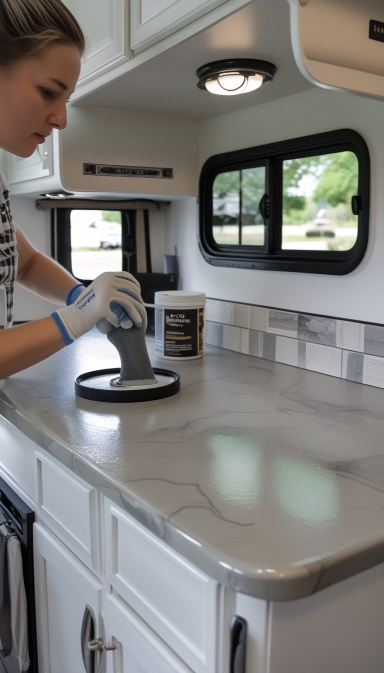 Person applying epoxy resin to an RV countertop to create a stone-look finish inside an RV workspace.