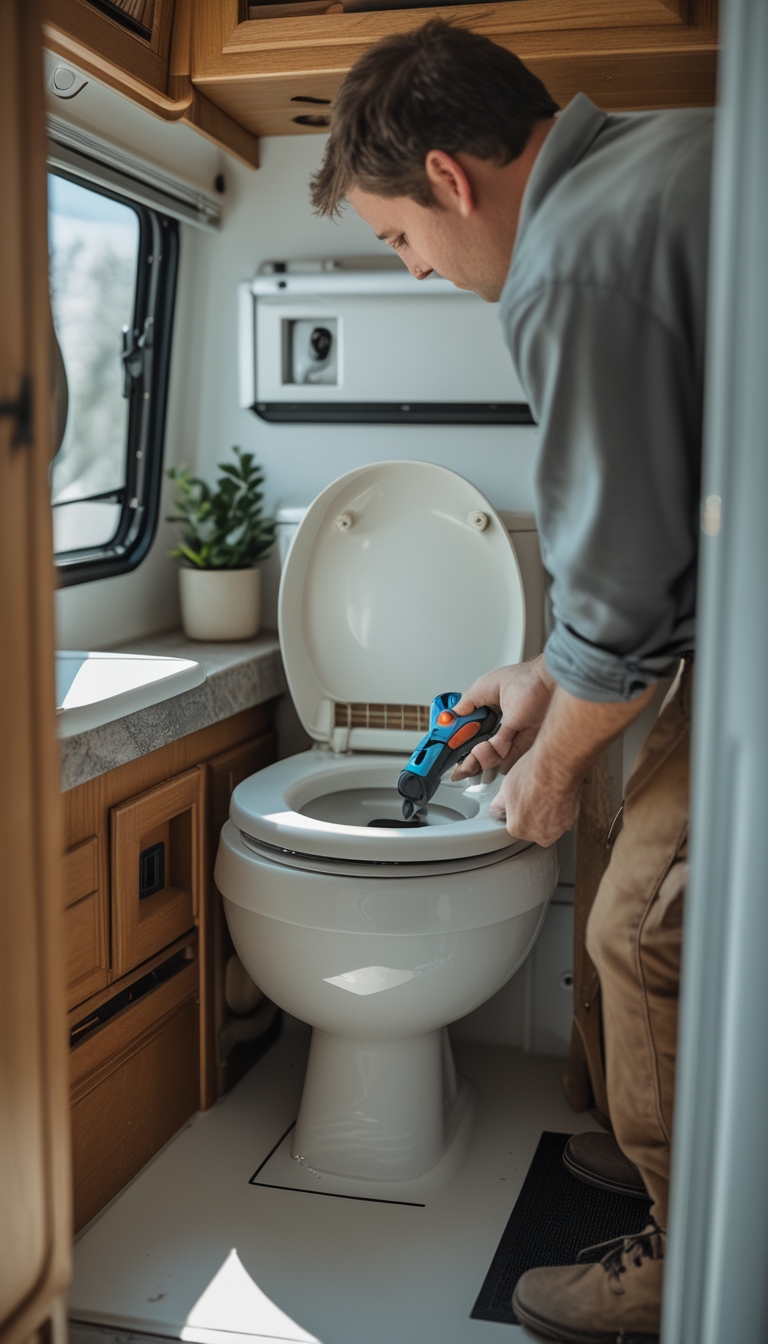 Person replacing an old RV toilet with a new Thetford Aqua-Magic V or ceramic cassette toilet inside a small RV bathroom.