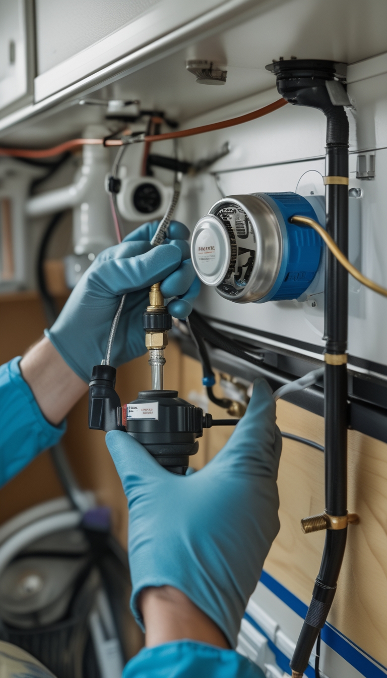 Person installing a propane leak detector and inline shutoff valve inside an RV.