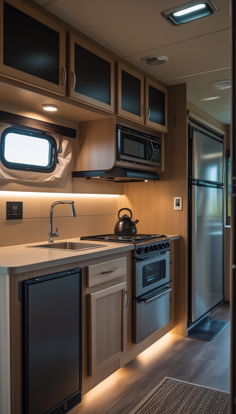 Interior of an RV kitchen with LED puck lights and dimmable strips installed under cabinets, illuminating the countertop and workspace.