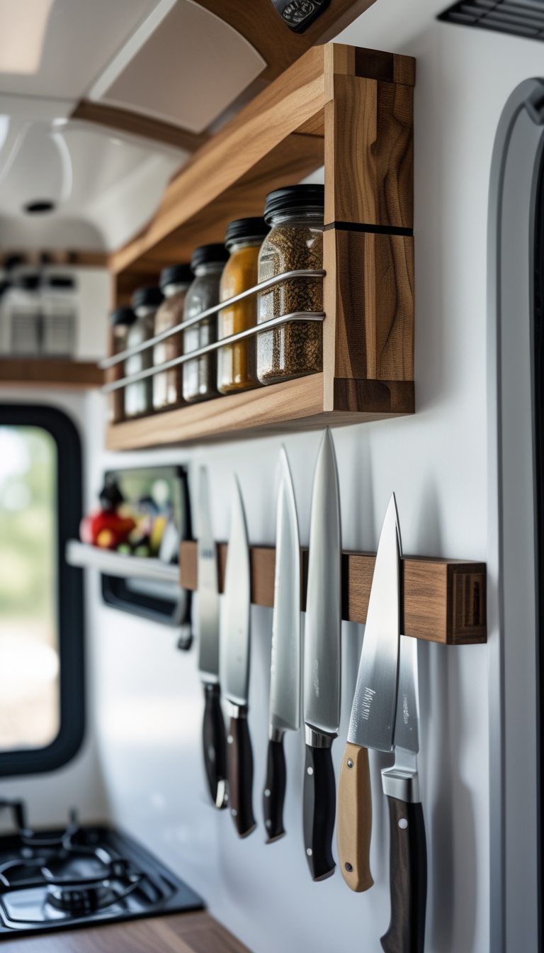 An organized RV kitchen with a wooden spice rail holding glass jars and a magnetic knife strip with knives mounted on the wall.