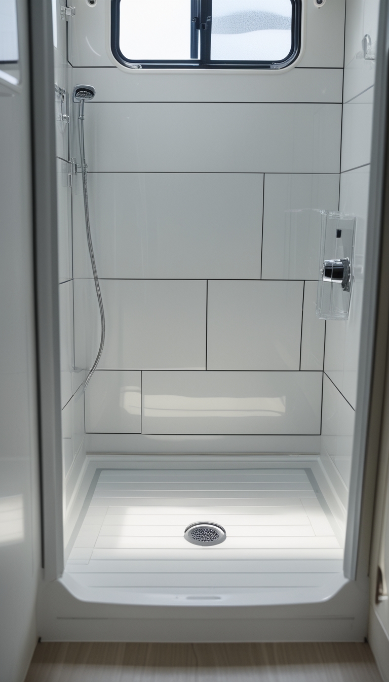 Interior of an RV bathroom with a newly installed low-profile shower pan and quick-drain valve.