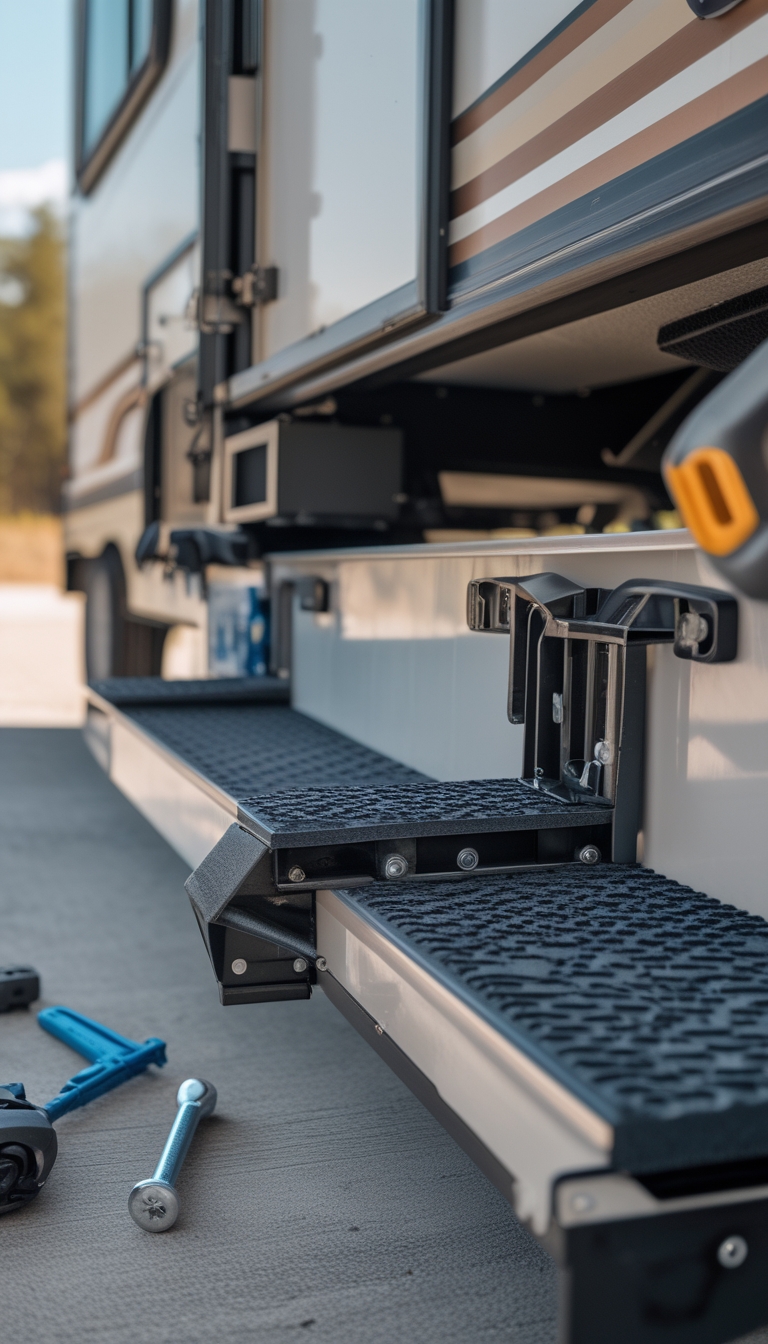 Close-up of RV entry steps with non-slip tread and heavy-duty hinges during renovation.