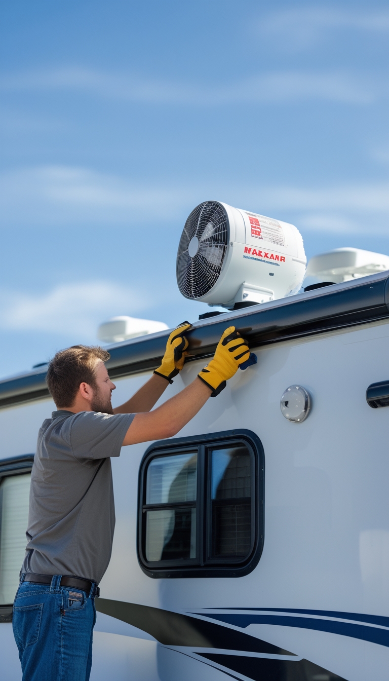 Person installing a roof-mounted ventilator fan on the top of an RV during daytime.