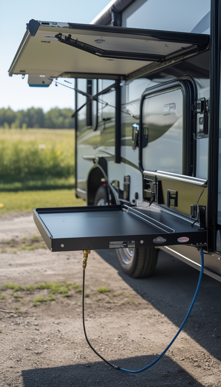 Exterior view of an RV with a pull-out griddle station extended, connected to a propane quick-connect, set outdoors in a natural camping area.