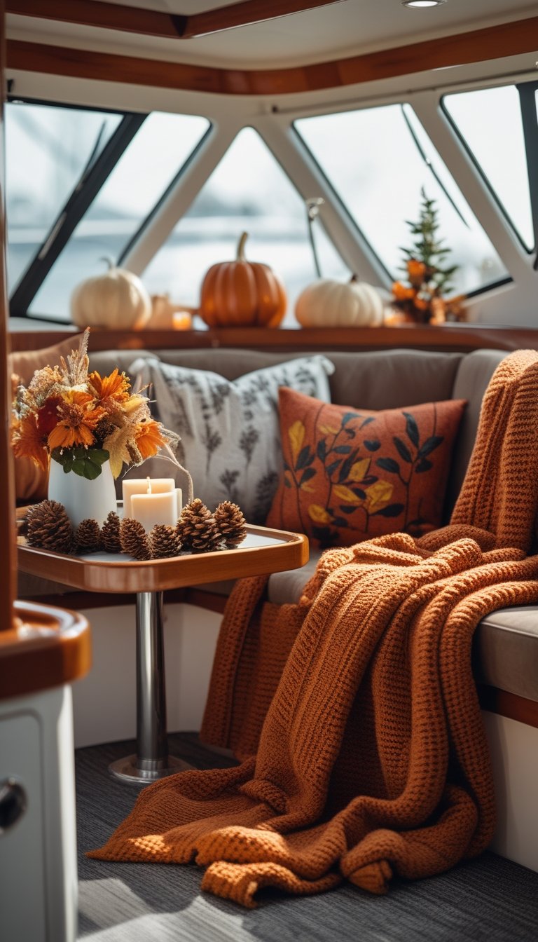 Interior of a boat decorated with autumn-themed blankets, pillows, a pumpkin centerpiece, and candles, illuminated by natural light through windows.