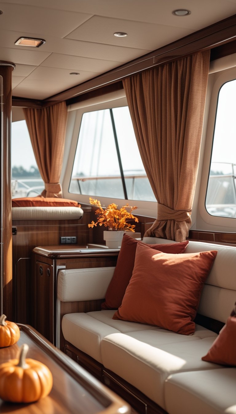Boat interior with insulated thermal curtains and cozy fall-themed decor including warm cushions and wooden surfaces.