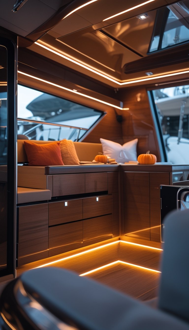 Interior of a boat with warm LED strip lighting installed under cabinets, cozy seating, and autumn decorations.