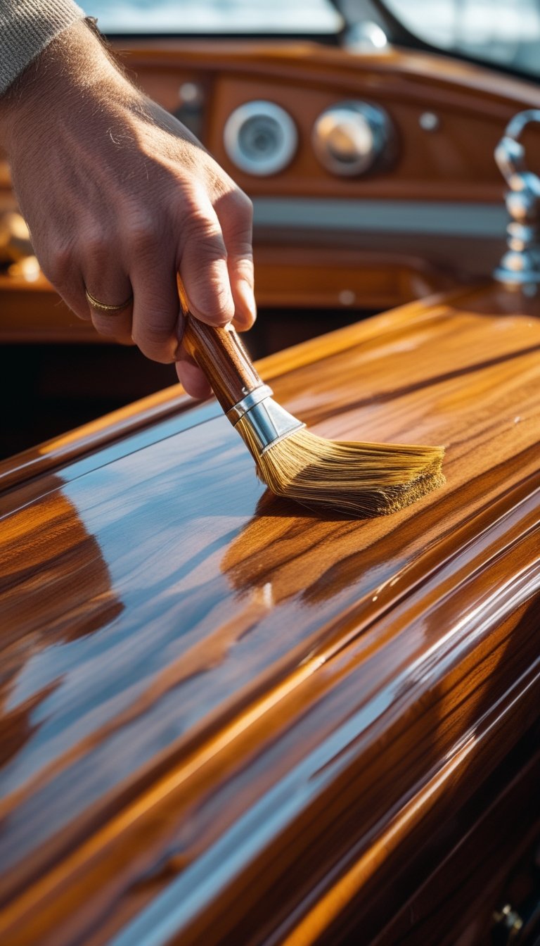 Close-up of teak wood on a boat interior being refinished with satin oil, showing rich warm tones and smooth surface.