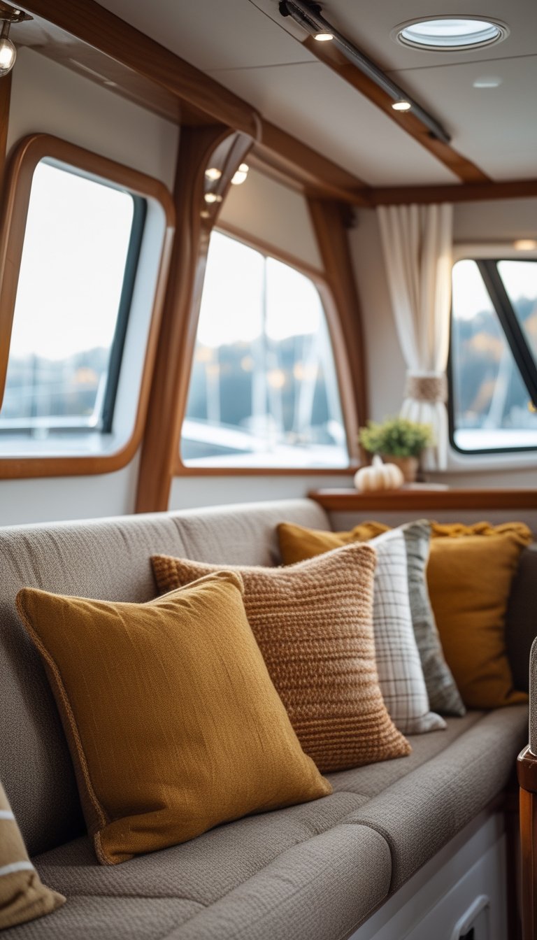 A boat interior seating area with rust and mustard wool-blend cushions on a bench.