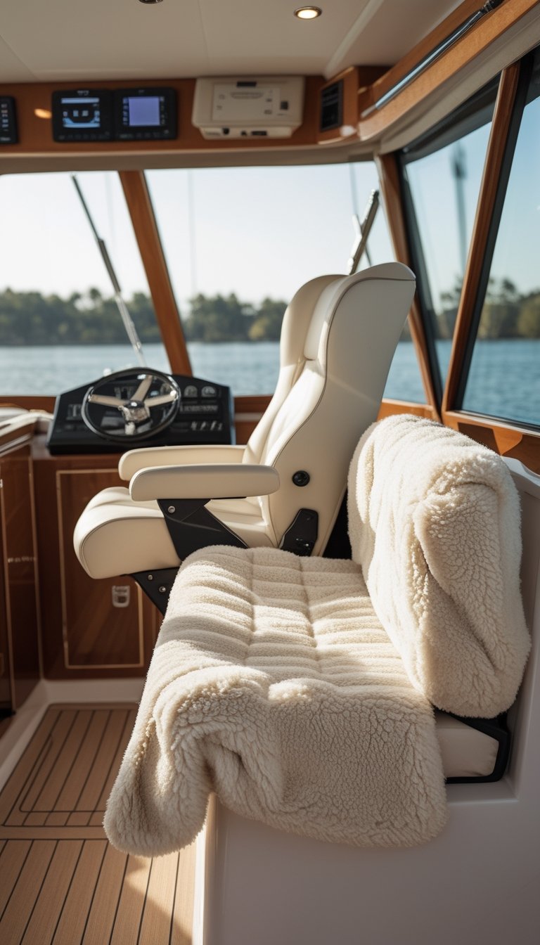 Boat interior with removable faux-shearling seat covers on helm and settees, showing a cozy seating area with wood accents and water visible through windows.